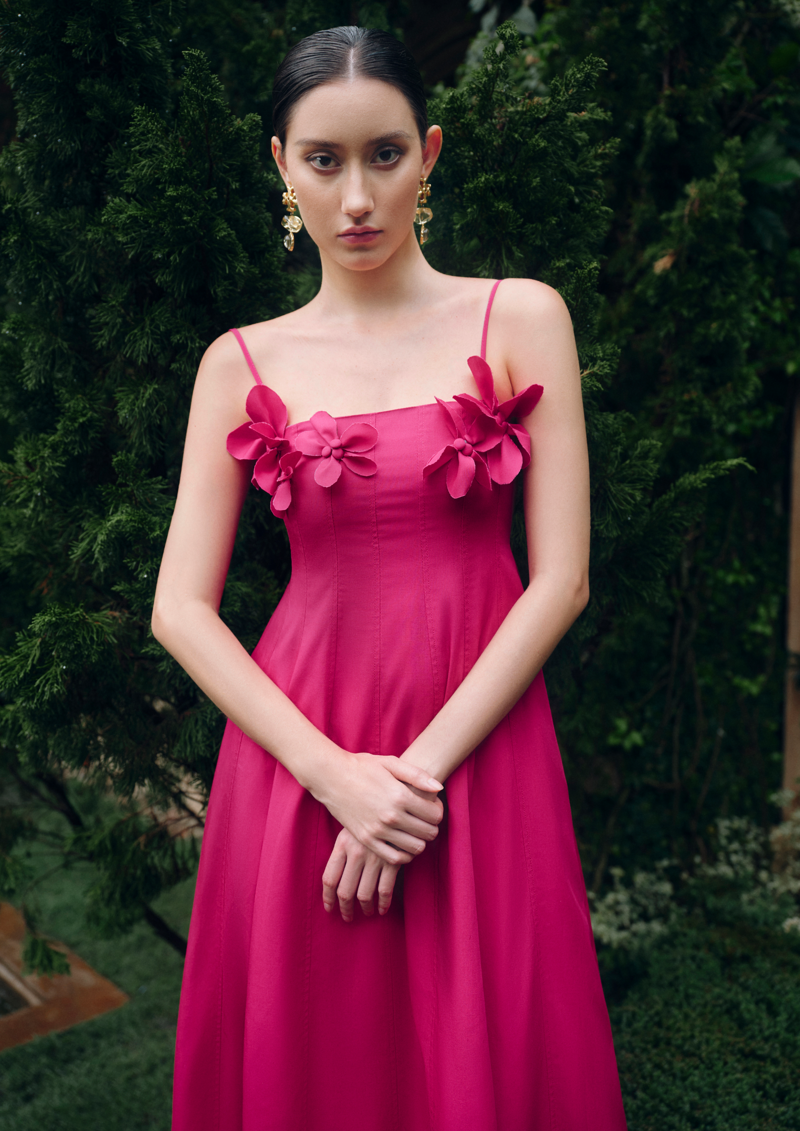 Hand-Appliqu Floral Maxi Dress - Fuchsia Pink Hand-Appliqu Floral Maxi Dress - Fuchsia Pink