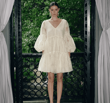 Balloon Sleeve Organza Mini Dress - Pale Yellow
