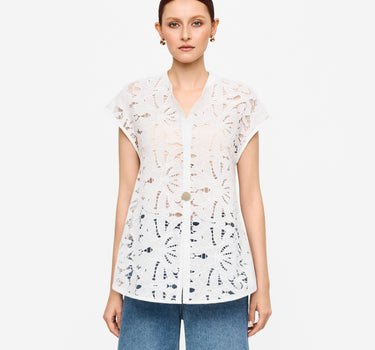 Embroidered Lace Stand Collar Top - Floral Pink
