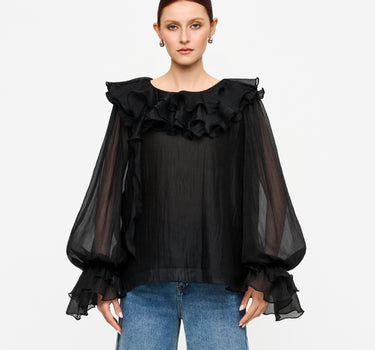 Layered Ruffle Collar Blouse - Black