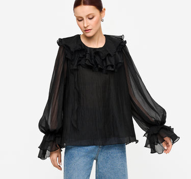 Layered Ruffle Collar Blouse - Black