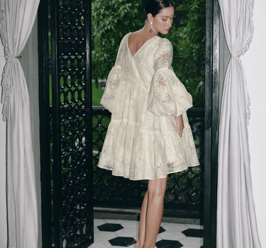 Balloon Sleeve Organza Mini Dress - Pale Yellow