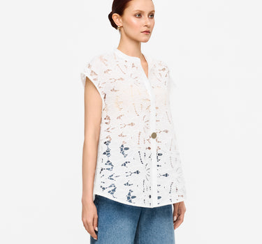Embroidered Lace Stand Collar Top - Floral Pink