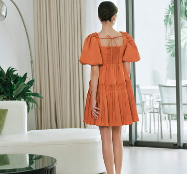 Hand-Pleated Puff Sleeve Mini Dress - Orange