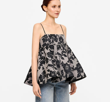 Volume Jacquard Babydoll Top - Black Floral