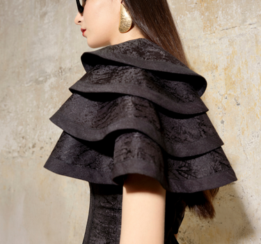 Jacquard Ruffle Midi Dress - Black