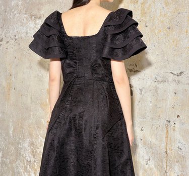 Jacquard Ruffle Midi Dress - Black