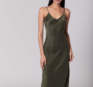 V Slip Silk Dress | Olive Green