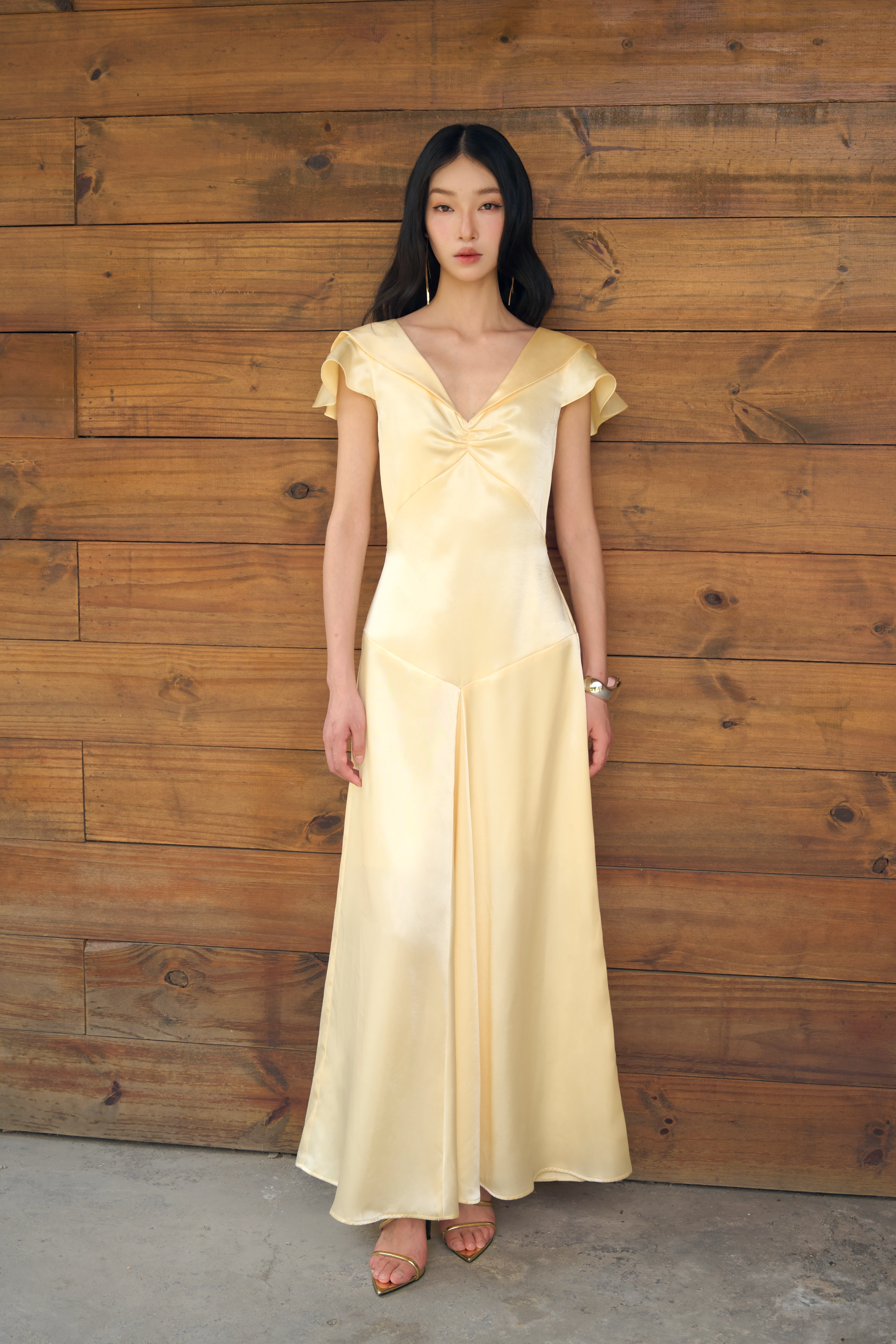 silk dress singapore Cassidy Silky Satin Ribbon Strap Maxi Dress in Gold