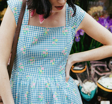 Love Comes Knockin' II Cotton Dress - Blue Gingham Bloom