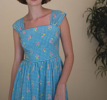 Love Comes Knockin' II Cotton Dress - Blue Gingham Bloom