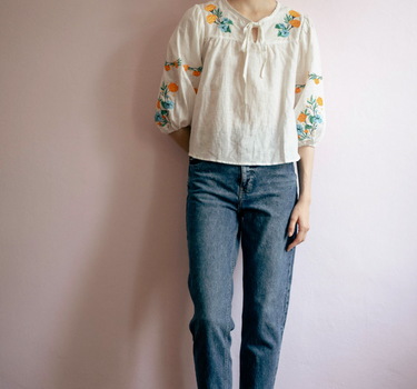 Garden Sweetheart Embroidered Linen Top in Pearl