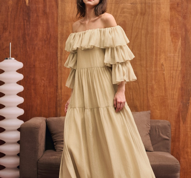 Tiered Sleeve Off-Shoulder Maxi Dress - Champagne Gold