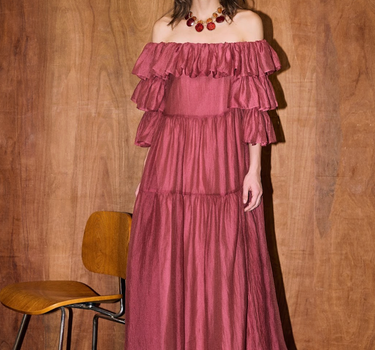 Tiered Sleeve Off-Shoulder Maxi Dress - Rose Red